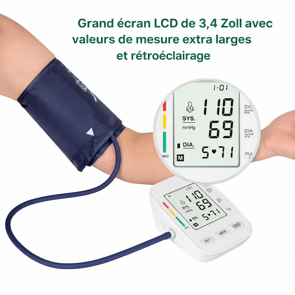 Tensiomètre Électronique à Bras — Écran digital, brassard confortable avec mémoire — Mesure de la tension et du pouls