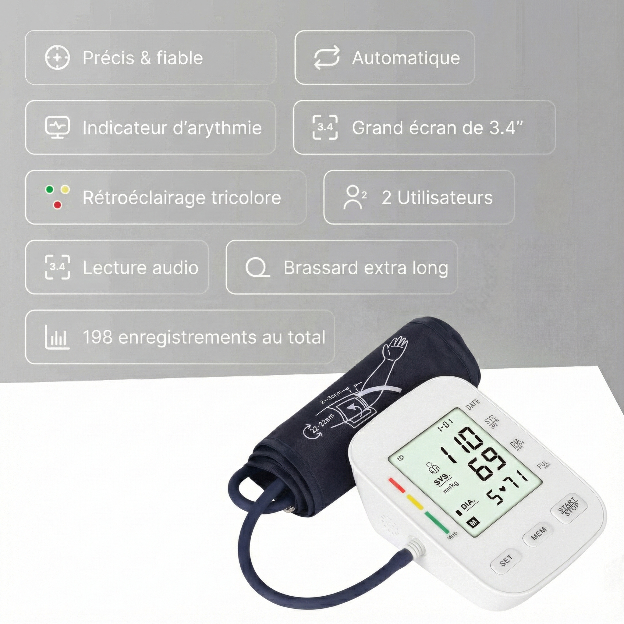 Tensiomètre Électronique à Bras — Écran digital, brassard confortable avec mémoire — Mesure de la tension et du pouls